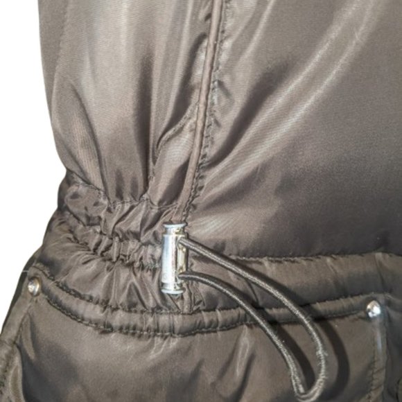 Long Hooded Dark Green Puffer Coat with Cinched Waist Size Large - Picture 7 of 11